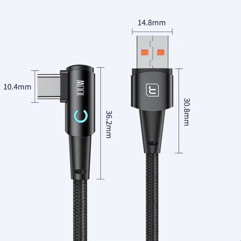 Câble 90° USB-A vers USB-C 100W 2M Toocki Noir – Puissance et ergonomie