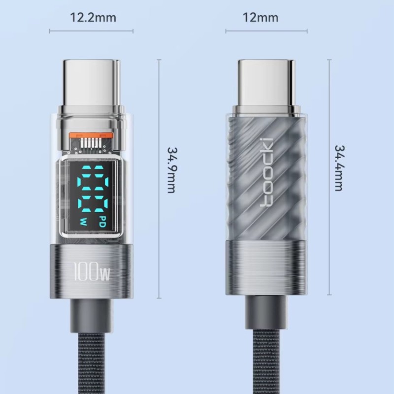 Câble USB-C vers USB-C 100W 2M Toocki Gris – Écran intégré et design moderne