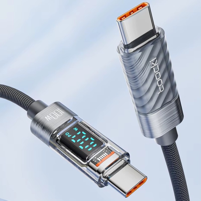 Câble USB-C vers USB-C 100W 2M Toocki Gris – Écran intégré et design moderne