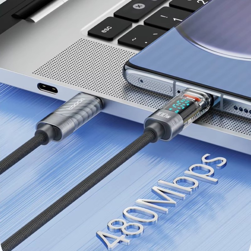 Câble USB-C vers USB-C 100W 2M Toocki Gris – Écran intégré et design moderne